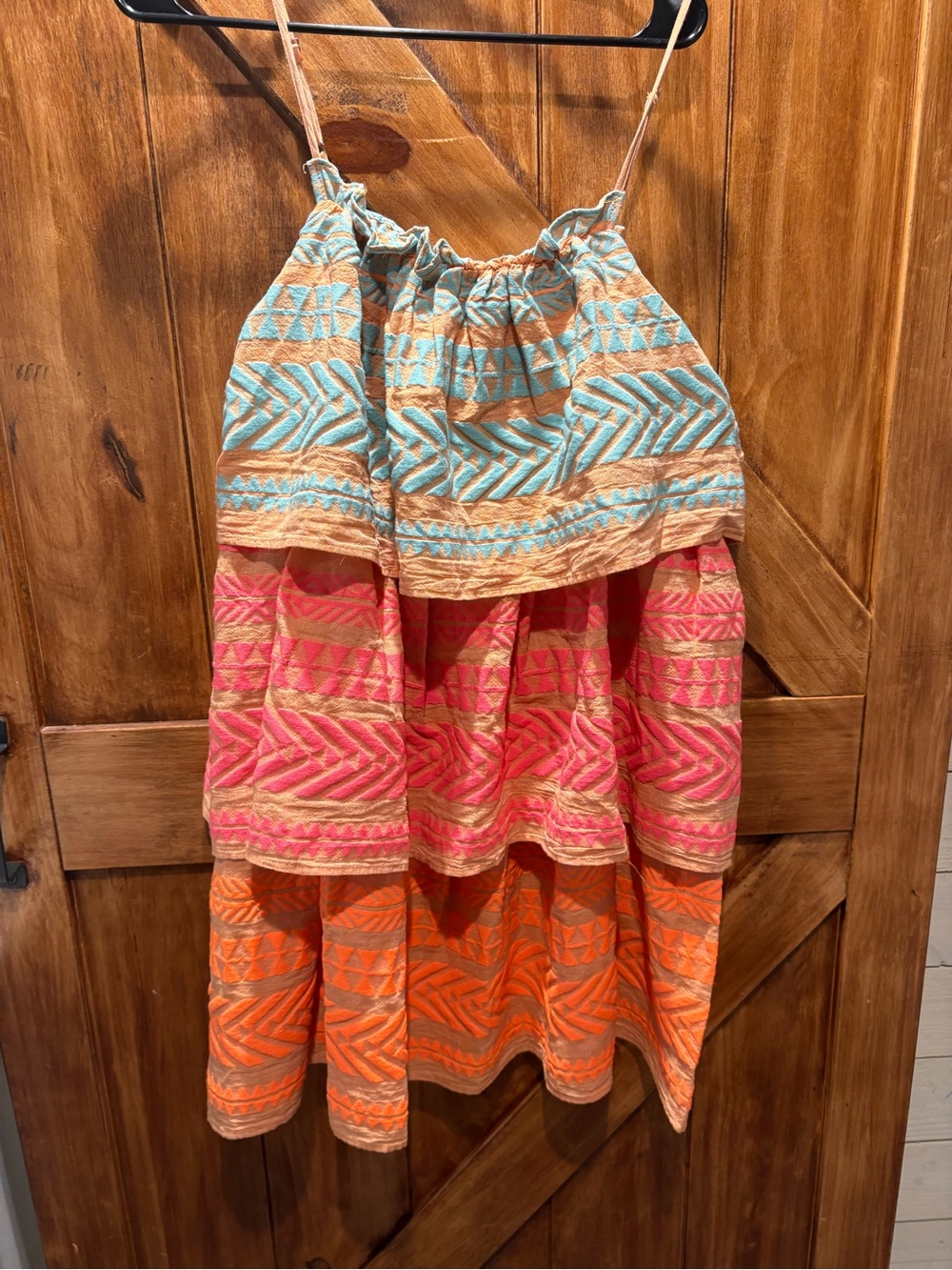 Devotion TWINS Tiered Mini Dress in Turquoise, Pink & Orange